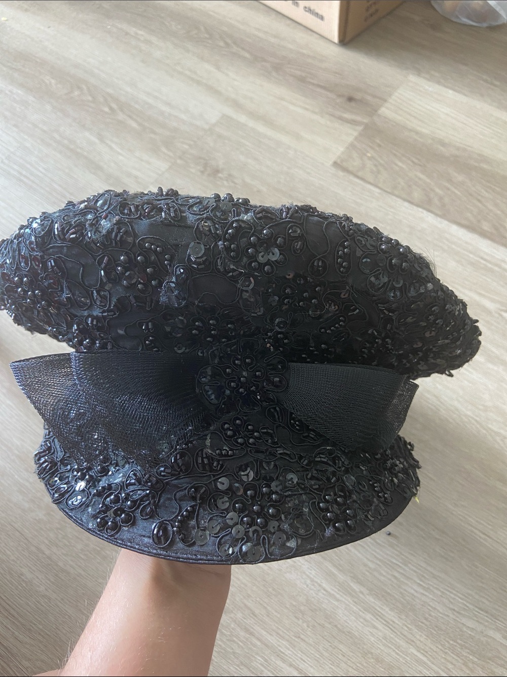 Black Beaded Women's Dress Cap with Bow Accent